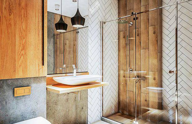 Wood-effect shower room with glass enclosure and vessel basin